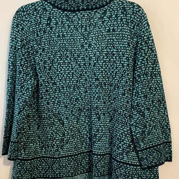 Ruby Rd. petite Sweater PL Cardigan  Teal Navy Patterned Open Front Fringe Hem - Picture 2 of 7